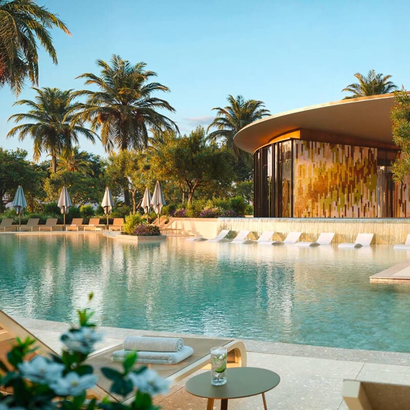 Fay Valley clubhouse pool terrace for residents at Fay Hills, Abu Dhabi