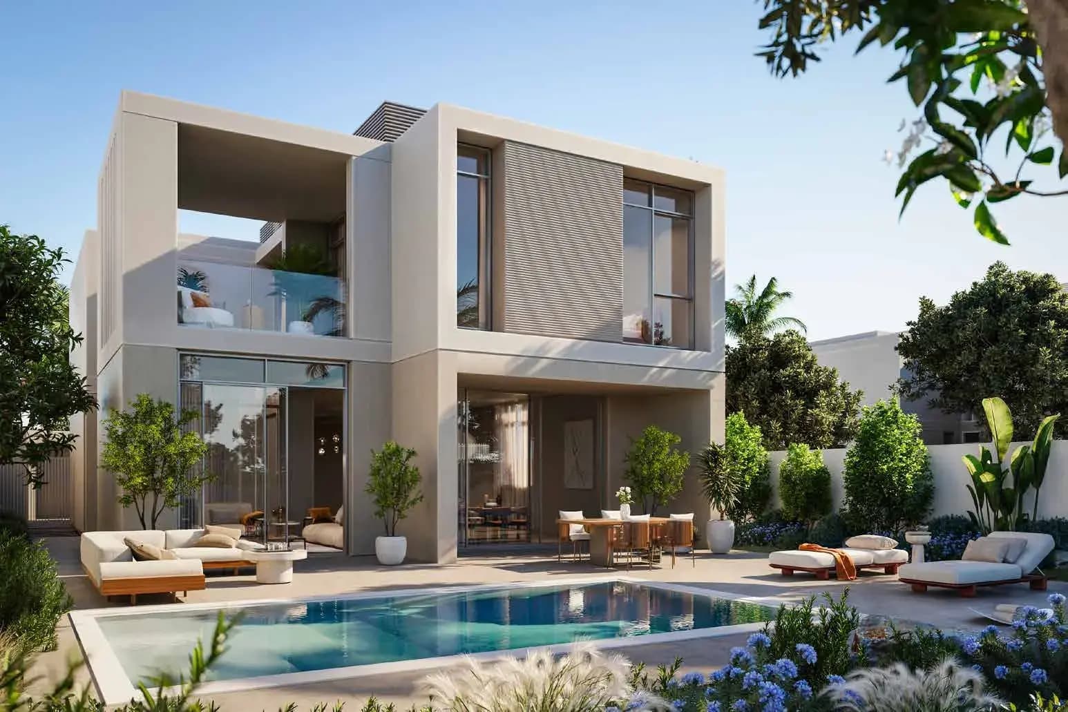 Fay Valley community clubhouse pool terrace at Fay Hills, Masdar City