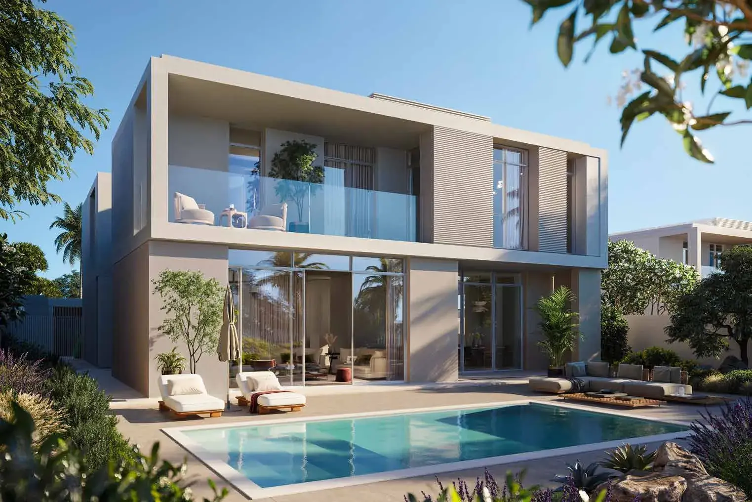Fay Valley villa facade and private gardens at Masdar City, Abu Dhabi