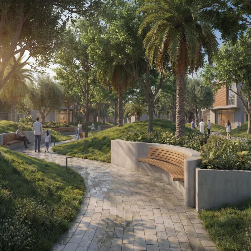 Jogging trail through native planting at Fay Valley, Masdar City, Abu Dhabi