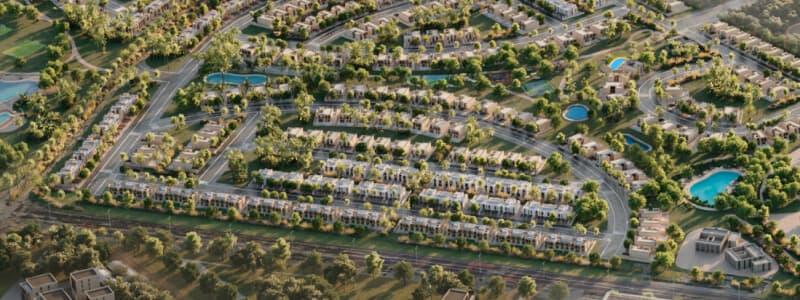 Fay Valley Phase 2 wellness rhythm zone with palm-lined trails at Fay Hills, Masdar City, Abu Dhabi